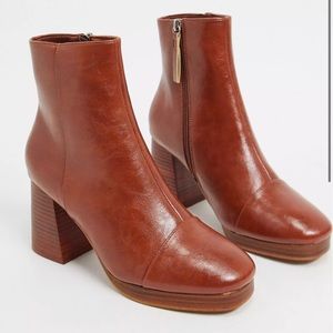 Round toe brown faux leather booties